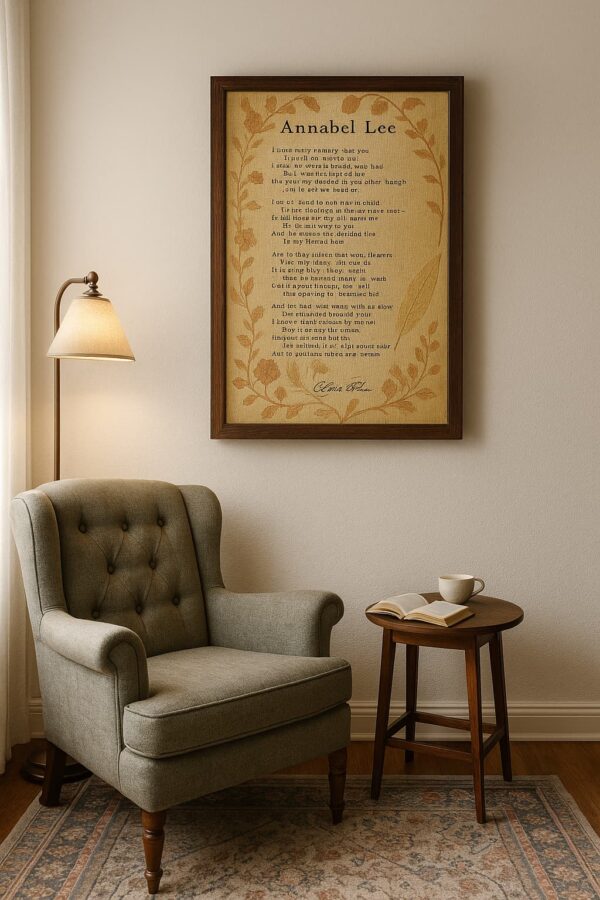 inviting scene. Annabel Lee Mockup 2 A romantic, moody bedroom setting with a dark wall and black bed frame. The “Annabel Lee” poem canvas, framed in black wood, glows in candlelight beside an open book and vintage décor.