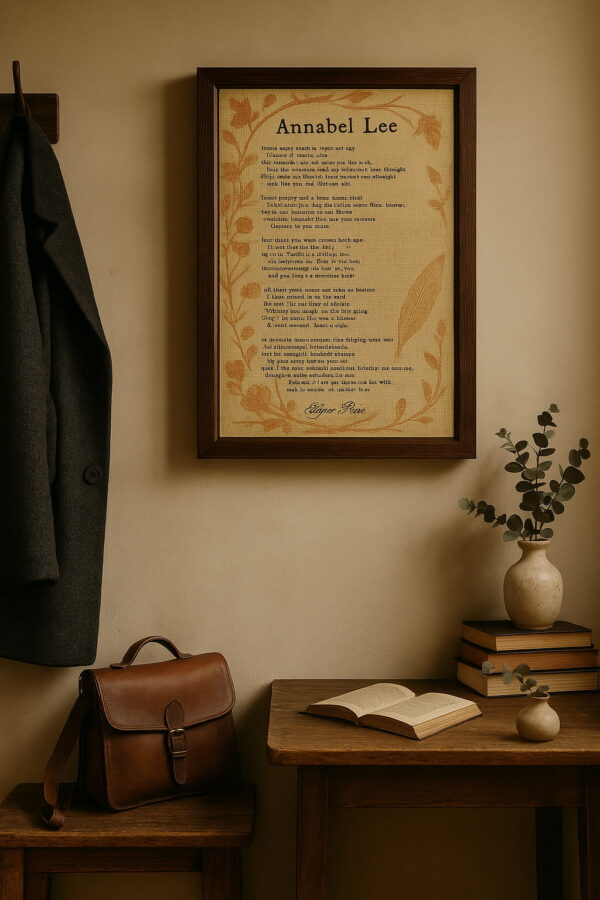 The framed “Annabel Lee” canvas is displayed in a warm-toned hallway or entry nook above a wooden bench. A leather satchel and stacked books add to the classic, literary feel.