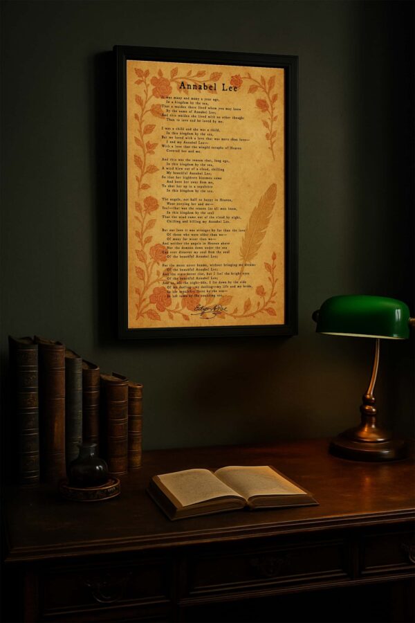 A dark green study is softly illuminated by a green banker’s lamp. The “Annabel Lee” canvas is prominently displayed above an antique desk with stacked books and an open volume, evoking a scholarly, Gothic mood.
