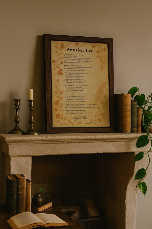 The canvas leans casually on a stone fireplace mantel surrounded by antique books, candlesticks, and a trailing plant. The setting feels poetic and timeless, echoing the melancholy of Poe’s verse.