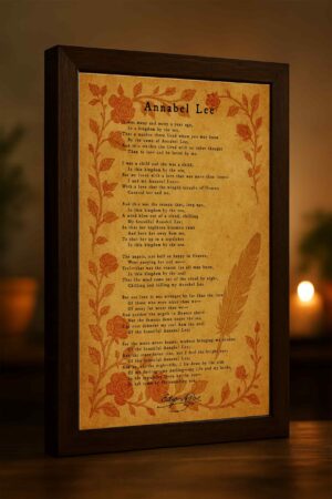A close-up of the “Annabel Lee” canvas in a warm wooden frame, glowing under soft ambient lighting. The floral border and feather illustration stand out vividly, enhancing the romantic, nostalgic atmosphere.