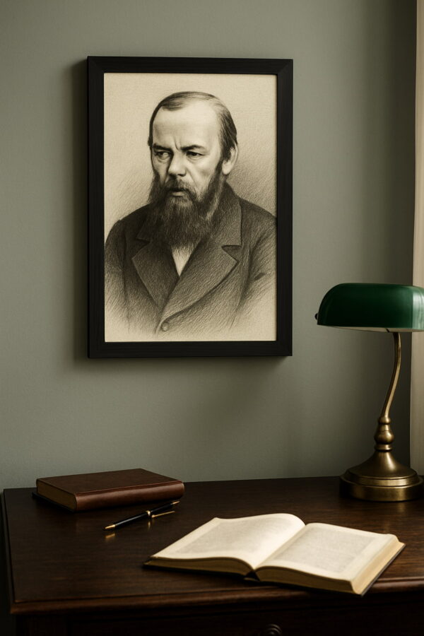 2. Sketch-style portrait of Dostoyevsky in a brown frame above a cozy beige chair with a plaid blanket, next to a side table stacked with books and a green mug.