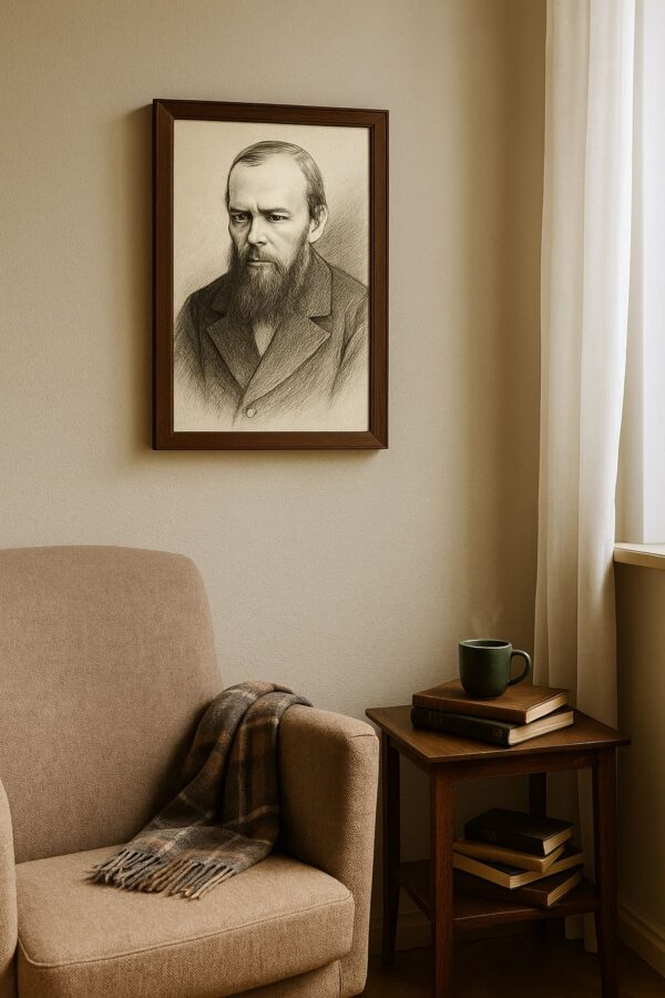 1. Framed portrait of Fyodor Dostoyevsky on a green wall above a dark wooden desk, with a green-shaded banker’s lamp, a fountain pen, and an open book beneath.