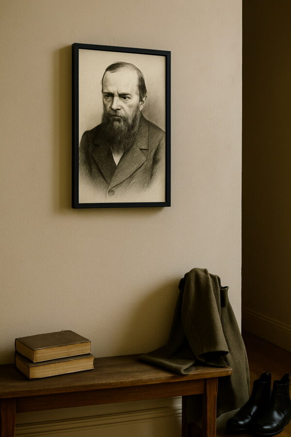 3. Pencil drawing of Dostoyevsky in a black frame hanging on a beige wall above a wooden bench, with stacked books and a draped overcoat nearby.
