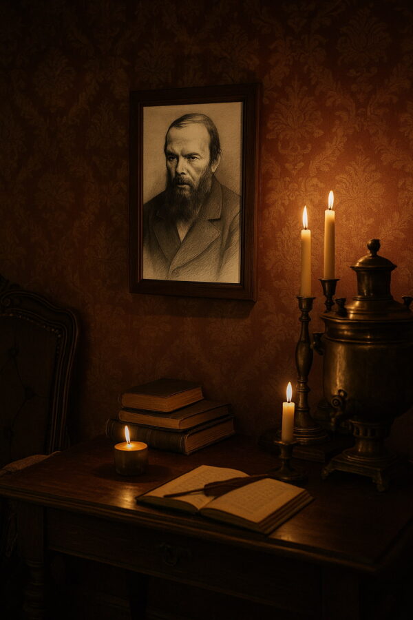 5. Portrait of Dostoyevsky in a black frame on a weathered, sepia-toned wall beside a tall window with gauzy curtains and an old radiator below.