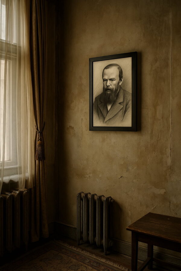 5. Portrait of Dostoyevsky in a black frame on a weathered, sepia-toned wall beside a tall window with gauzy curtains and an old radiator below.
