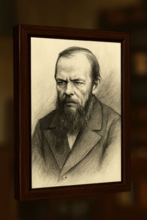 6. Close-up of a framed Dostoyevsky sketch, richly lit with a golden glow, showing intricate pencil detail against a blurred, moody library backdrop.