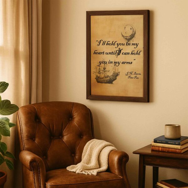 Framed "I'll hold you in my heart until I can hold you in my arms" quote print hangs above a cozy leather armchair with a knit throw in a softly lit reading corner.