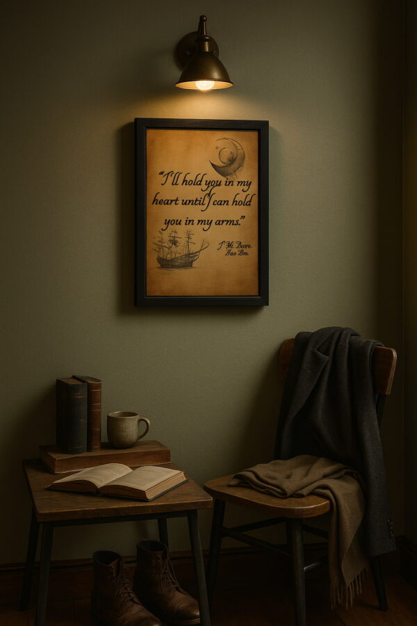 Framed Peter Pan quote displayed in a dimly lit reading nook with moody green walls, a vintage wall sconce, and rustic decor including boots and classic novels.