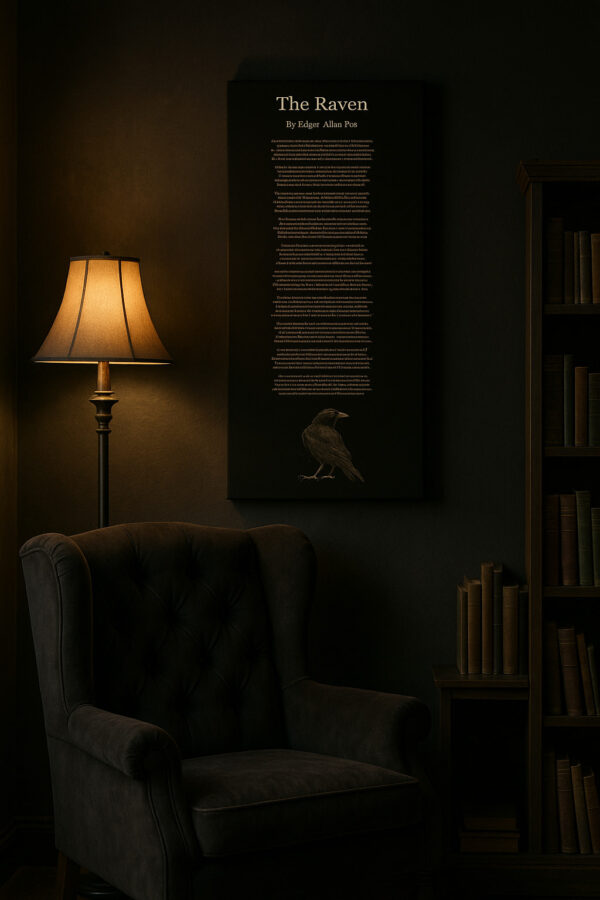 A vertical black canvas with the full poem The Raven hangs above a neatly made bed with white pillows and duvet, set against a taupe wall in a minimalist modern bedroom.