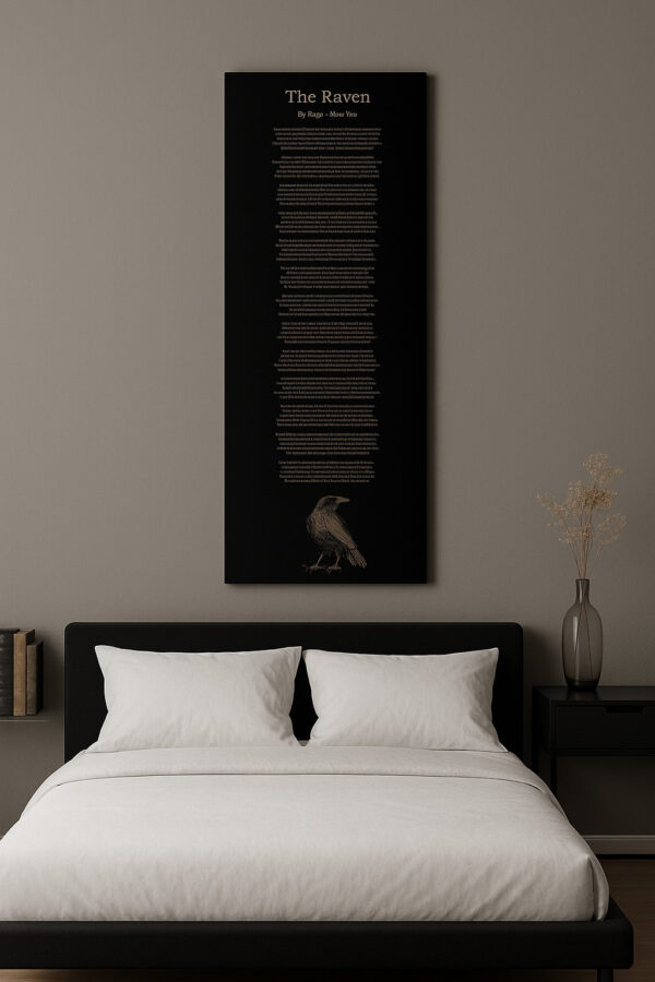 A tall black canvas featuring the full text of The Raven by Edgar Allan Poe hangs on a dark wall, softly lit by a warm lamp beside a tufted armchair and tall bookshelf.