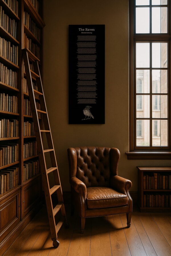 A tall canvas displaying The Raven hangs in a classic library setting beside a leather wingback chair, wooden ladder, and towering bookshelves filled with old volumes.