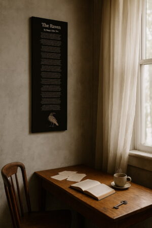 A vertical canvas of The Raven is mounted beside a window with sheer curtains in a rustic room. A wooden desk below holds an open book, loose papers, a steaming mug, and an antique key.