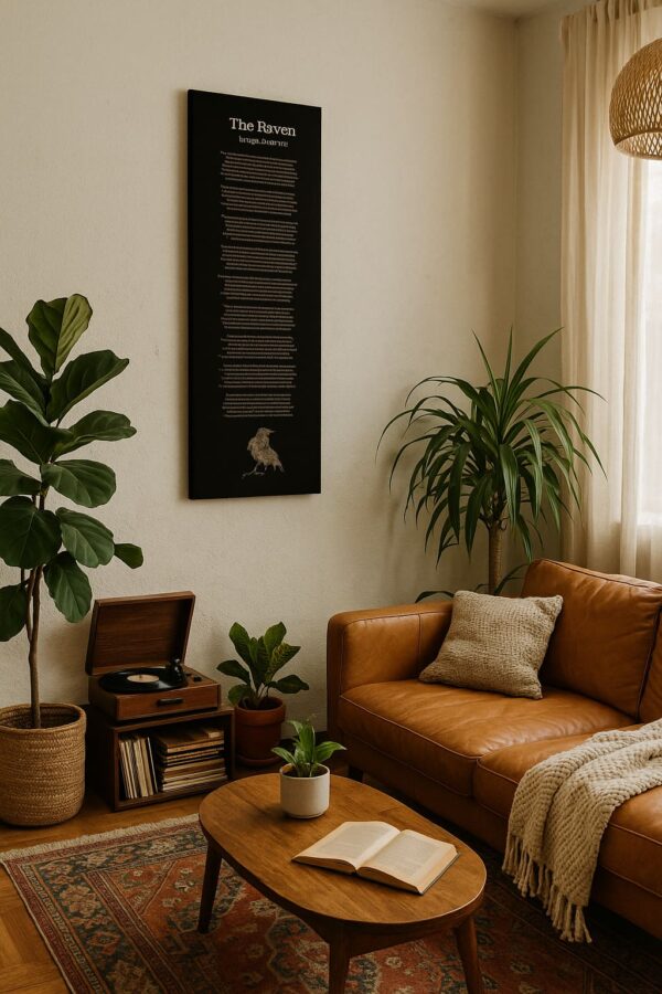 The full poem The Raven is printed on a black canvas hanging in a bright, plant-filled living room with a caramel leather sofa, record player, and mid-century modern decor.