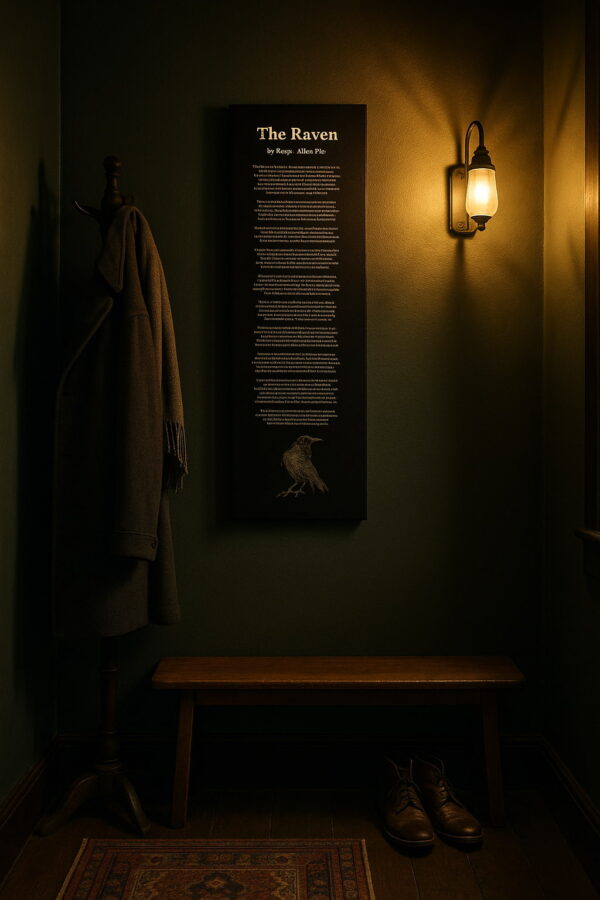 A vertical canvas of The Raven is illuminated by a sconce in a moody green entryway, above a wooden bench and below a coat rack holding a wool overcoat and scarf.