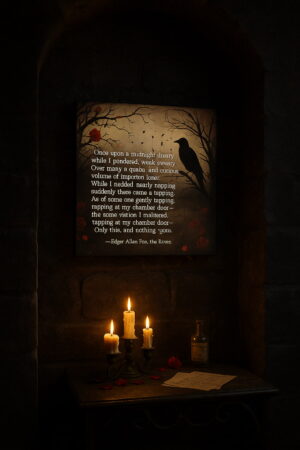 A moody canvas print of “The Raven” hangs in a dark stone alcove. The artwork features a silhouette of a raven perched on a bare tree branch with falling leaves and red roses. Below it, three pillar candles glow on a small black table beside a bottle and parchment.