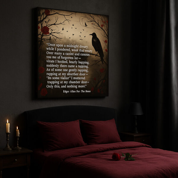 A dramatic square canvas of “The Raven” hangs above a black headboard with deep burgundy bedding. The canvas depicts a silhouetted raven, thorny branches, and scattered red roses. Two lit taper candles rest on the nightstand beside the bed, and a single red rose lies on the blanket.