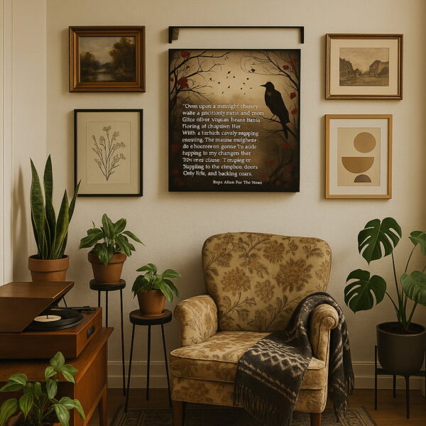 A square “Raven” canvas hangs among framed art in a cozy, vintage-inspired living room. The wall art features a raven on a branch surrounded by roses and flying birds. Below is a floral armchair with a patterned throw, surrounded by potted plants and a record player.