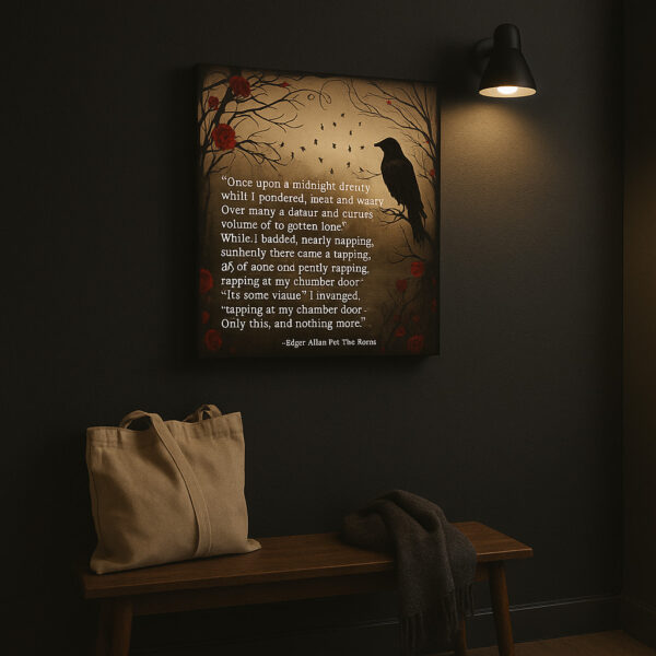 A “Raven” canvas is mounted on a dark wall above a wooden bench with a canvas tote and scarf. The artwork shows a silhouetted raven among thorny branches and roses, with glowing script. A black wall sconce casts a warm light over the scene.