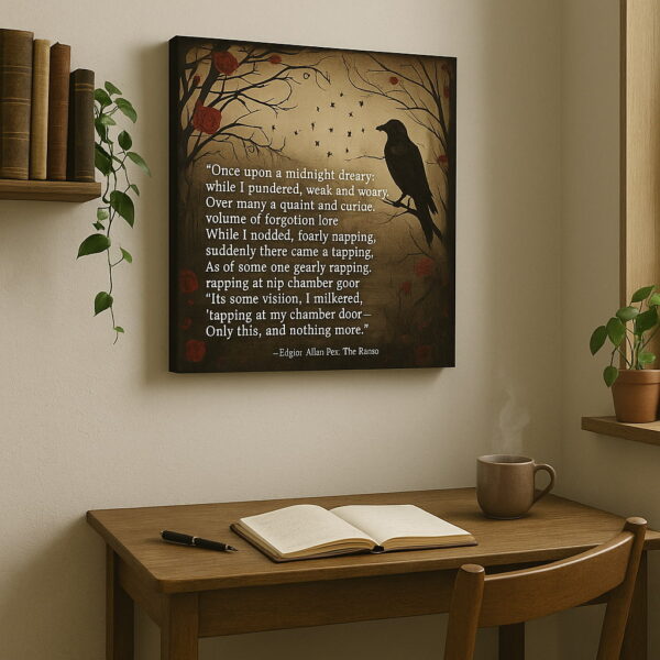 A square canvas of “The Raven” is displayed above a small writing desk with an open book and a steaming mug. The image on the canvas includes a perched raven, twisted branches, and falling rose petals, with the first verse of the poem in illuminated script.