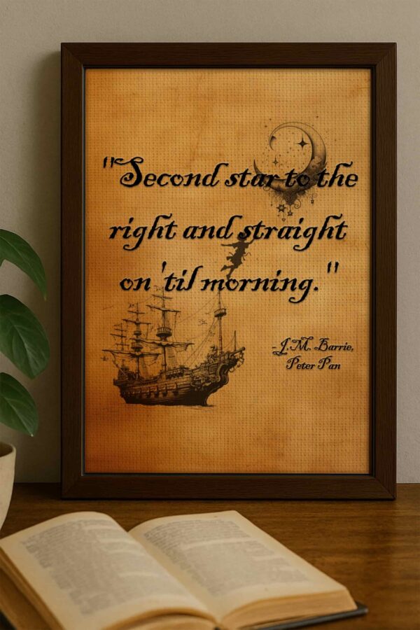 Close-up of Peter Pan quote art featuring a flying silhouette and ship, framed in dark wood and displayed above an open vintage book and leafy plant.