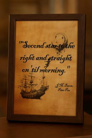 Wood-framed canvas of J.M. Barrie’s Peter Pan quote in warm lighting, with sepia-toned background and illustrations of a ship and crescent moon.