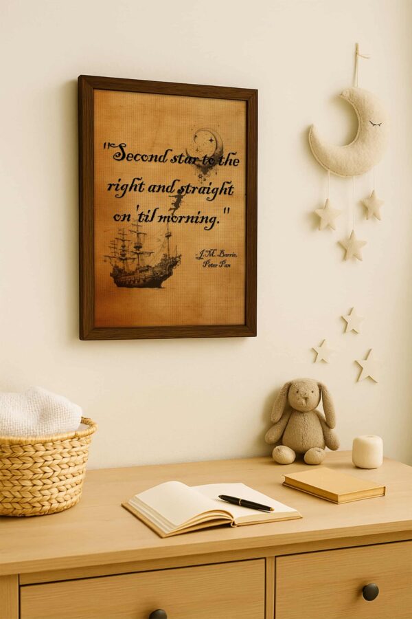 Nursery scene with framed Peter Pan quote print in dark wood, displayed above a dresser with soft toys, a moon wall hanging, and a journal — cozy and whimsical décor for a child’s room.