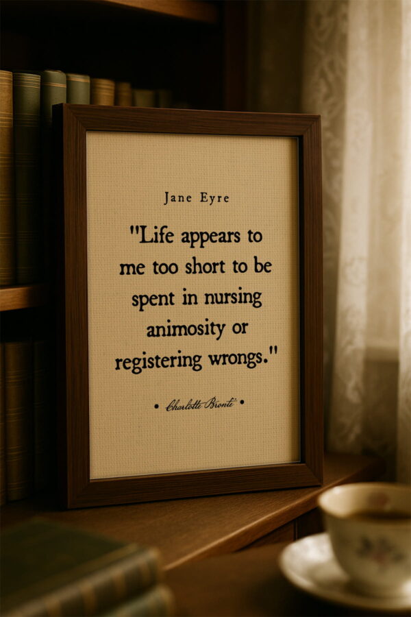 Close-up of the framed canvas with a dark wood frame on a wooden bookshelf with vintage books and sheer curtains.