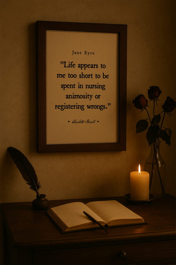 Dark wood frame hanging above a writing desk with a quill, candlelight, and dried roses for a romantic literary atmosphere.