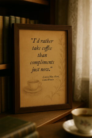 Close-up of the framed canvas with a dark wood frame on a wooden bookshelf with vintage books and sheer curtains.
