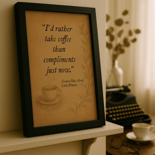 Black frame canvas leaning on a cream-colored shelf beside a typewriter and coffee cup in a softly lit writing nook.