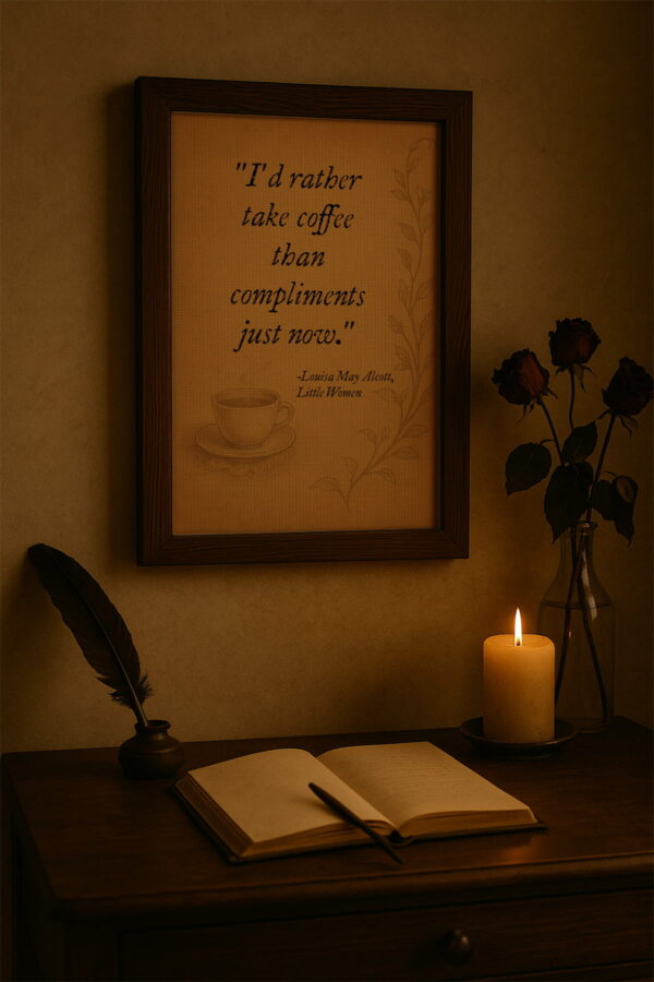 Dark wood frame hanging above a writing desk with a quill, candlelight, and dried roses for a romantic literary atmosphere.