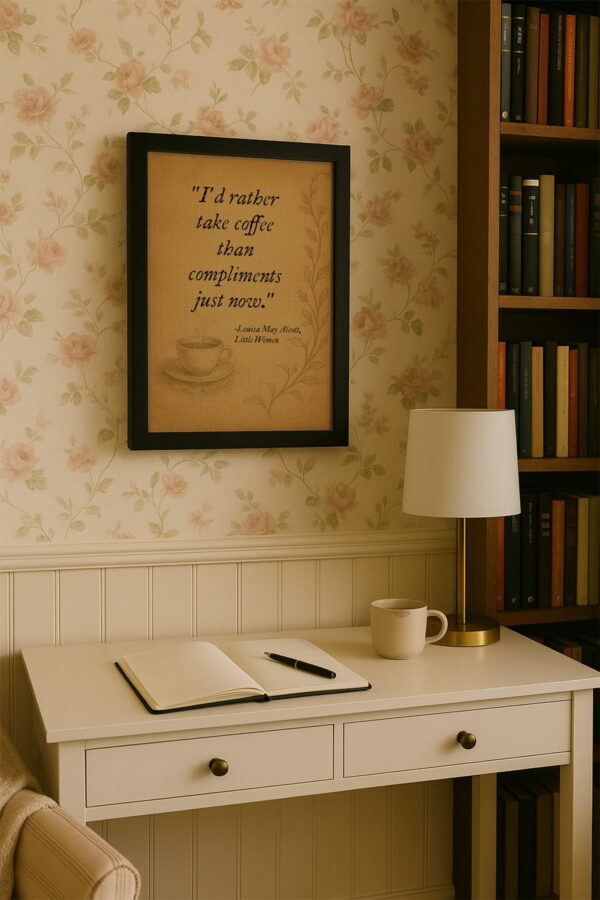 Black frame canvas above a cream writing desk with a journal, pen, and mug in a bright home library corner.