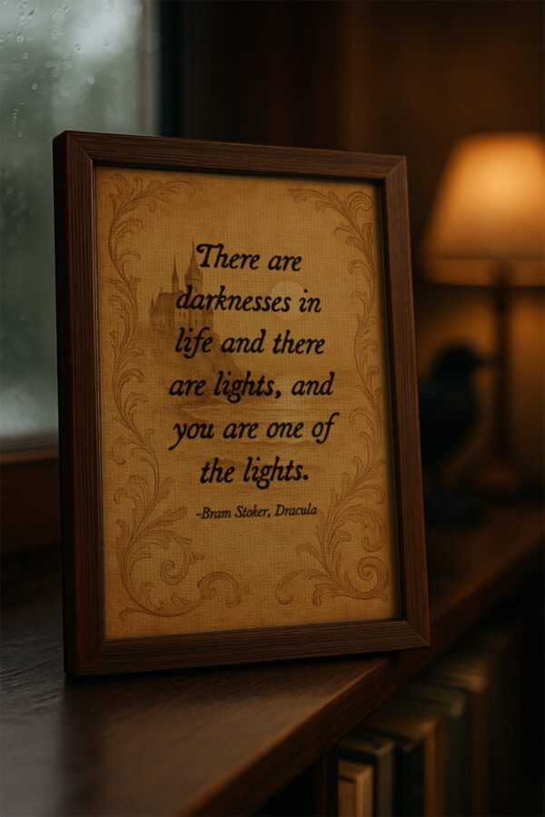 Framed Dracula quote canvas on a windowsill with warm lamplight and books, in a moody study setting.