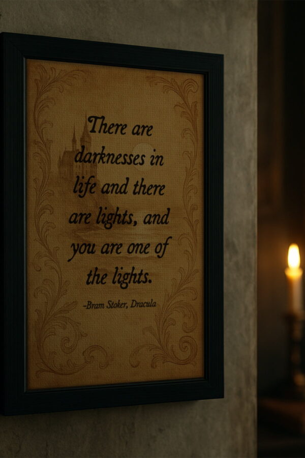 Dracula quote wall art in a black frame, mounted in an antique hallway with cracked walls and flickering candles.