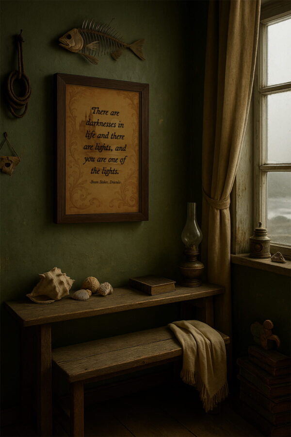 Bram Stoker quote canvas in a rustic seaside cottage with green walls, old books, shells, and a stormy window.