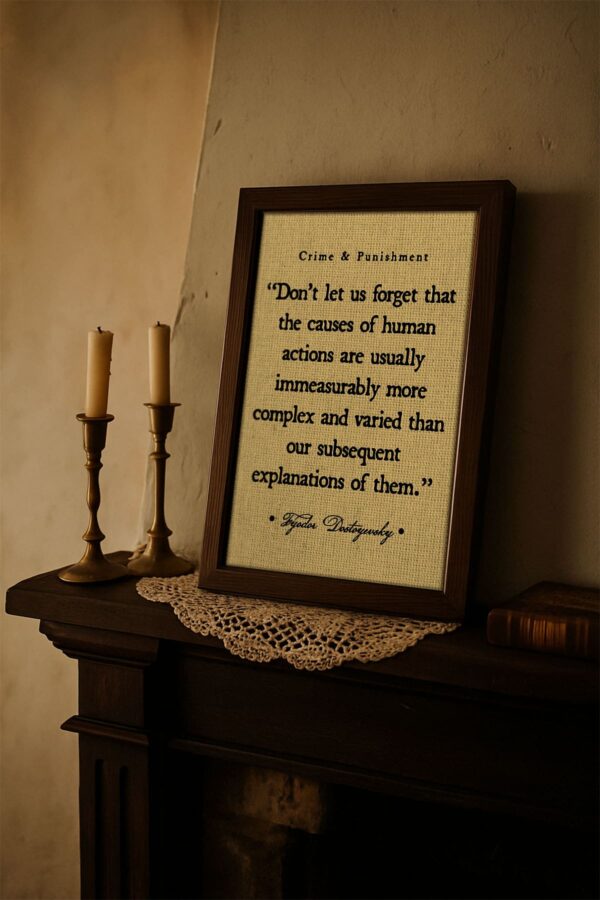Dark wood framed Dostoyevsky canvas displayed on a rustic mantel with brass candlesticks and lace doily, evoking a vintage library atmosphere.