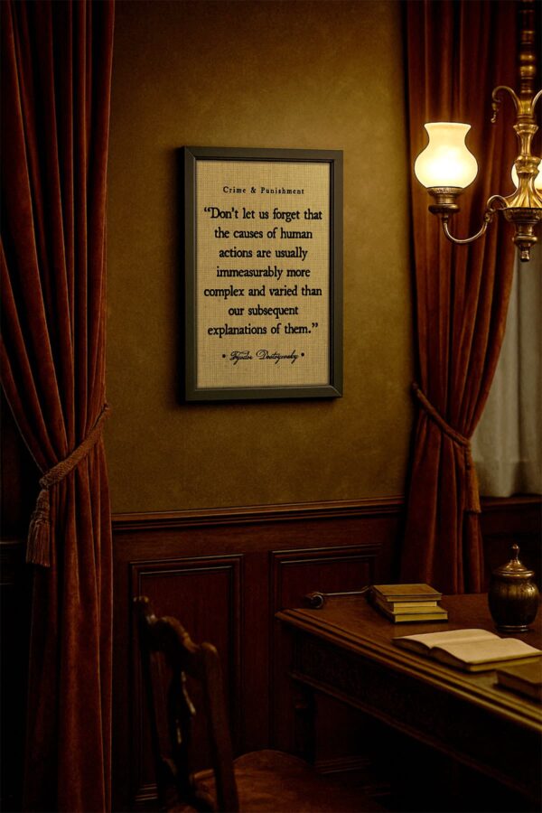 Black wood framed Dostoyevsky canvas mounted in a warmly lit study with red velvet curtains and antique furniture, styled like a 19th-century reading room.