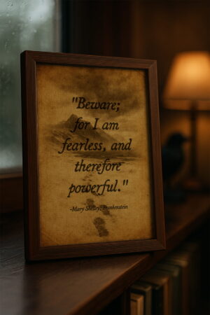 Bold Frankenstein quote print framed in dark wood, standing beside a rain-flecked window and table lamp.