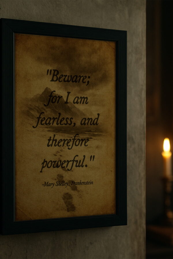 Mary Shelley quote canvas in a black frame, hung in a stone-textured gothic room lit by a single flame