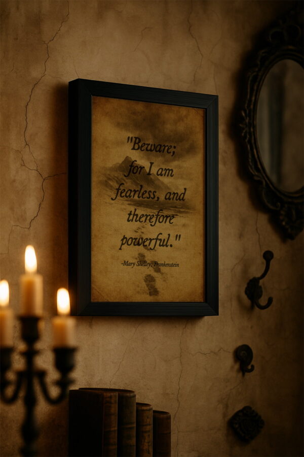 Fearless quote from Frankenstein framed on a weathered wall with candelabras and antique hooks.