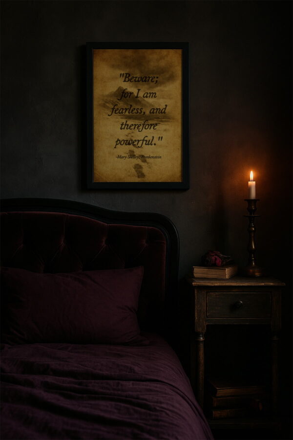 Frankenstein quote wall art above a moody burgundy bed in a dimly lit gothic bedroom with candlelight.