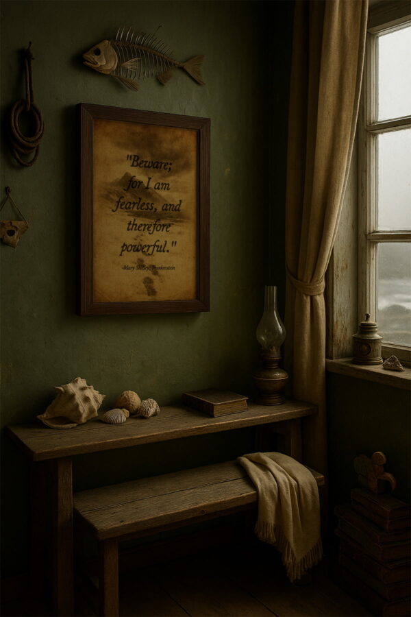 Rustic framed quote from Frankenstein displayed in a nautical-themed cottage with books and stormy light.