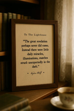 Close-up of the framed canvas with a dark wood frame on a wooden bookshelf with vintage books and sheer curtains.