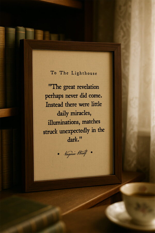 Close-up of the framed canvas with a dark wood frame on a wooden bookshelf with vintage books and sheer curtains.