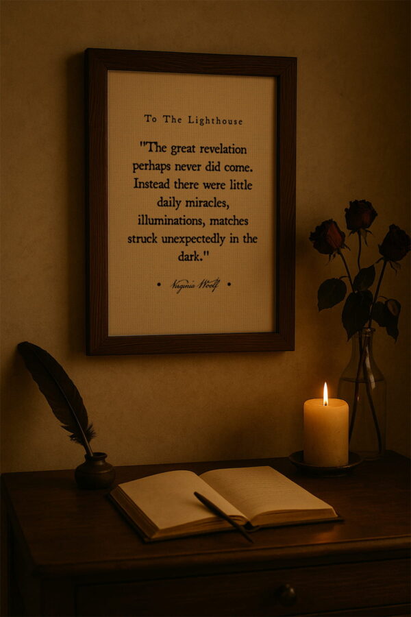 Dark wood frame hanging above a writing desk with a quill, candlelight, and dried roses for a romantic literary atmosphere.
