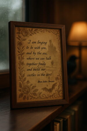 Romantic Dracula quote artwork in a dark wood frame, placed on a bookshelf beside a lamp in a rainy study.
