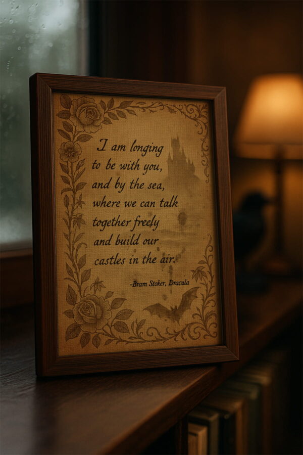 Romantic Dracula quote artwork in a dark wood frame, placed on a bookshelf beside a lamp in a rainy study.