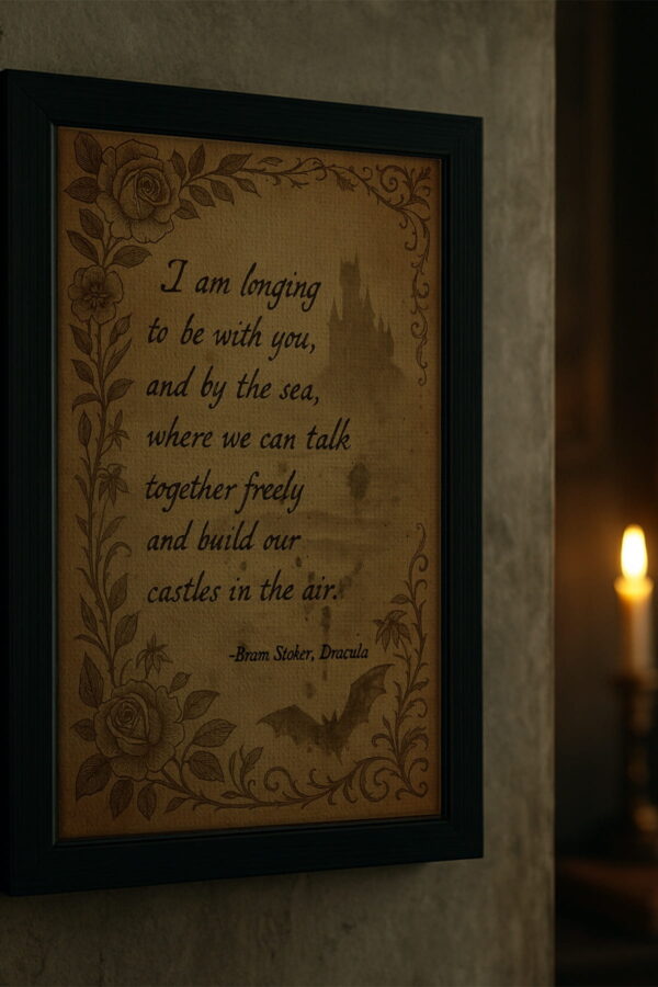Framed Bram Stoker quote about longing, hung in a gothic interior with warm candlelight and moody tones.