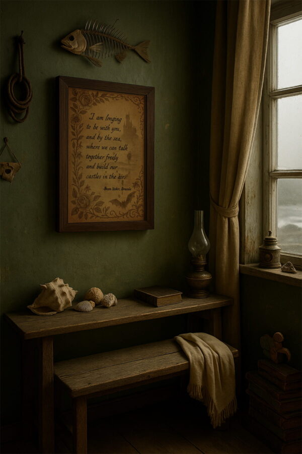 Bram Stoker quote art in a cozy coastal cottage, styled with shells, vintage books, and seaside light.